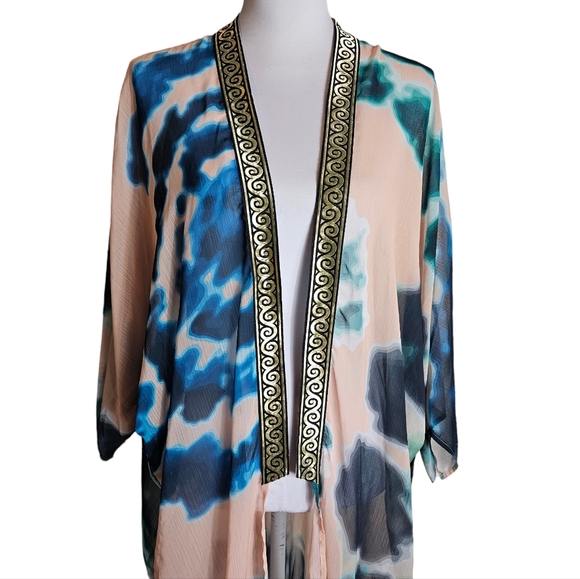 Suki So Goddess Tan Teal Tie Dye Kimono Robe OS Metallic Greek Key Coverup READ - Picture 4 of 15